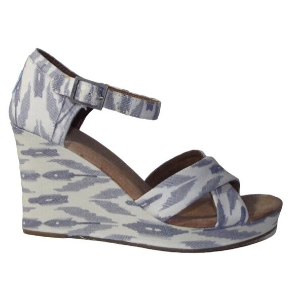 Toms Chambray Sandals 9.5 blue white canvas Peep-Toe Wedge adjustable straps - Picture 2 of 12